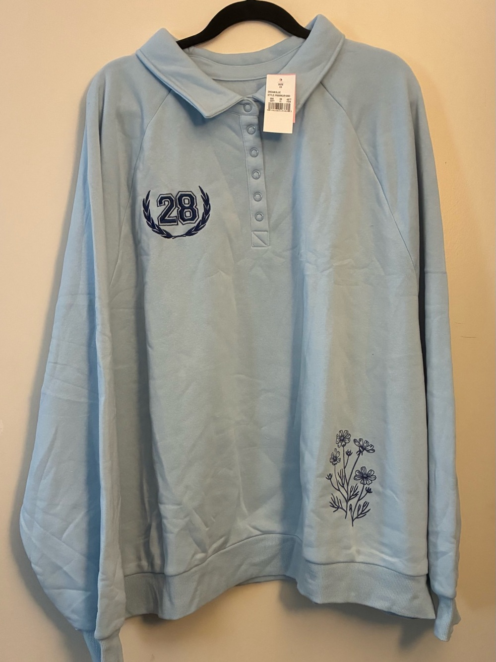 Light Blue Long Sleeve Polo Tee with Floral and '28' Embroidery